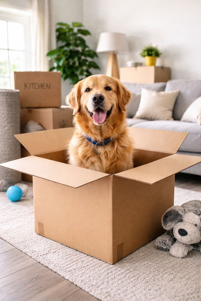 Golden retriever sitting in a cardboard moving box inside a home during a relocation